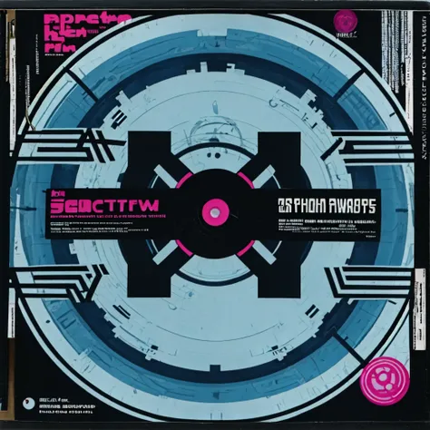 masterpiece, warp records, aphex twin, solo, 1girl, dark brown, blue hair, tri braids, very long hair, cd cover, album cover, science fiction, wallpaper, tech, logo, english text