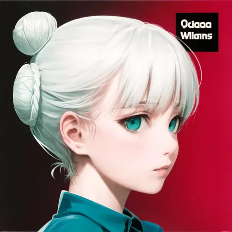 gradient background, detailed background, masterpiece, warp records, (solo, 1girl, aqua eyes, white hair, cone hair bun, very short hair, portrait:1.2), from side, Dark orchid theme, artist name, cd cover, album cover, science fiction, wallpaper, tech, logo, english text
