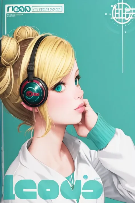 [:masterpiece:0.5], solo, 1girl, aqua eyes, blonde hair, doughnut hair bun, short hair, cd cover, portrait, wallpaper, science fiction