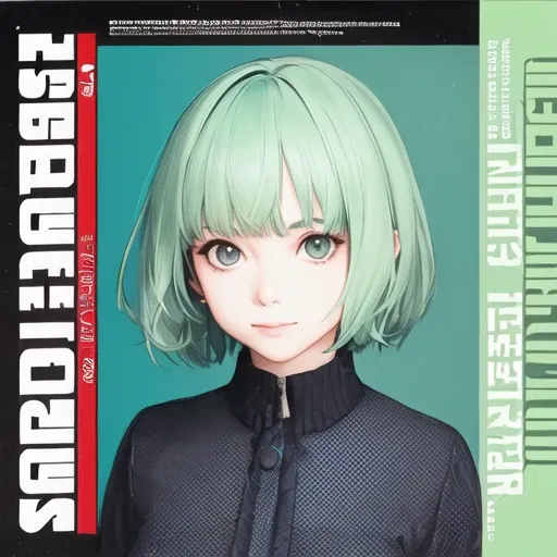 masterpiece, warp records, (solo, 1girl, aquamarine, light green hair, quin tails, very short hair, portrait:1.2), cd cover, album cover, science fiction, wallpaper, tech, logo, english text