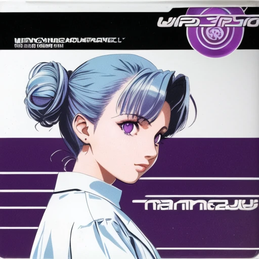 detailed background, 1990s style, techno, house music, masterpiece, warp records, (solo, 1girl, purple eyes, light blue hair, half updo, very short hair, portrait:1.2), from behind, Capri theme, cd cover, album cover, science fiction, wallpaper, tech, logo, english text