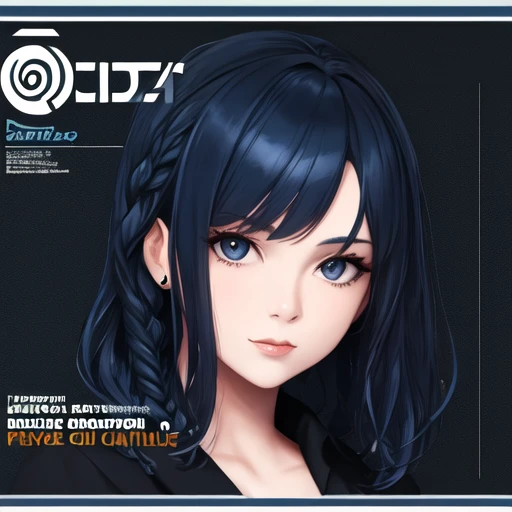 [:masterpiece:0.5], solo, 1girl, Sapphire, dark blue hair, braided bangs, medium hair, album cover, english text, logo, portrait, CD cover, science fiction, wallpaper