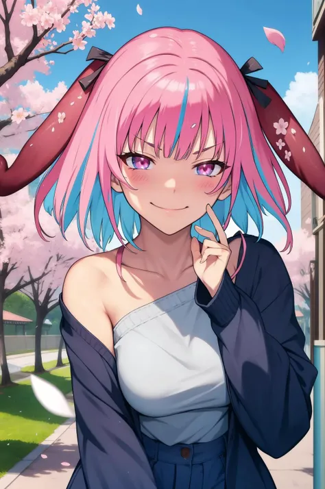 (masterpiece, best quality), DLSS RTX ON AMD FSR INSERT NONSENSE HERE, kanan-sama, ribbon, smirk, <lora:kanan-sama:1>, outdoors, cherry blossom, petals, wind lift