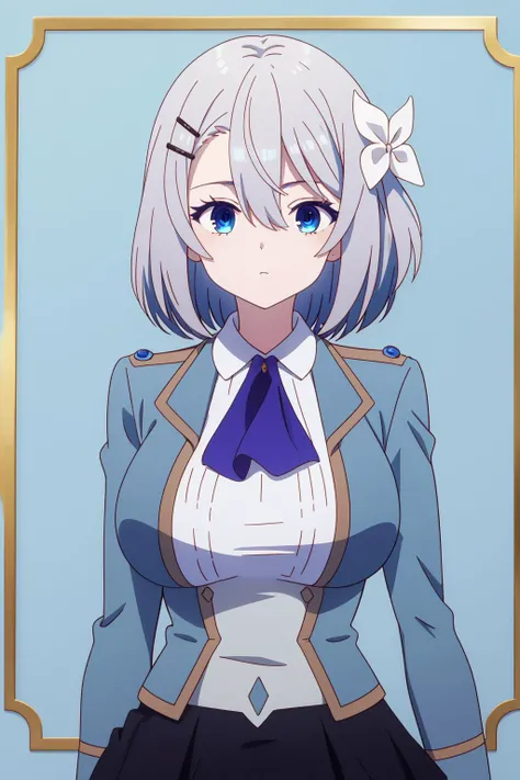 masterpiece, best quality, highly detailed, sakunamem, grey hair, hair flower, hair ornament, hairclip, short hair, blue eyes, , white shirt, hair between eyes, collared shirt, blue ascot, jacket, cowboy shot, simple background, <lora:sakuna-04:1>