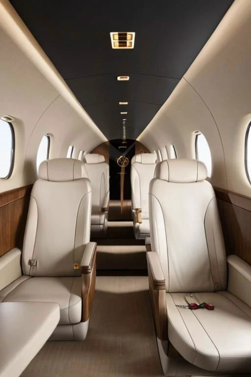 photo of a small luxury jet interior, rich interior, modern design, white leather, silver, oval illuminators