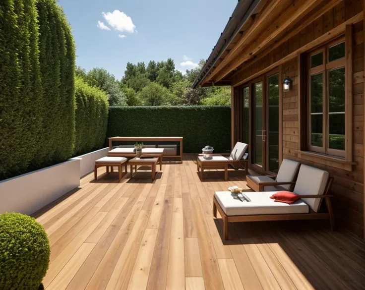 (RAW photo, best quality), (realistic, photo-realistic:1.3), photography of back terrace, afternoon light, masterpiece, an extremely delicate and beautiful wood motif floor, green plants over the house, fish pool, clearly water of pool, CG, unity , 2k wallpaper, Amazing, finely detail, extremely detailed CG unity 8k wallpaper, huge file size, ultra-detailed, high res, absurd res, soft light, short bang, beautiful detailed ornament,