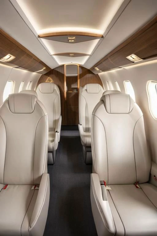 photo of a small luxury jet interior, rich interior, modern design, white leather, silver, oval illuminators