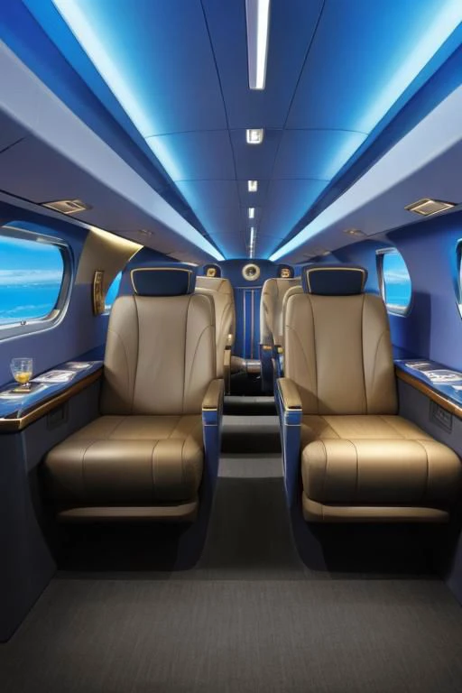 photo of a small luxury jet interior, (((blue hidden light))), ((blue light illumination))