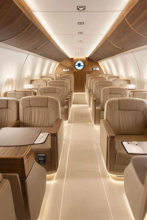 photo of a small luxury jet interior, rich interior, modern look, white leather, silver features, tv, oval illuminators with wood blinds, high quality