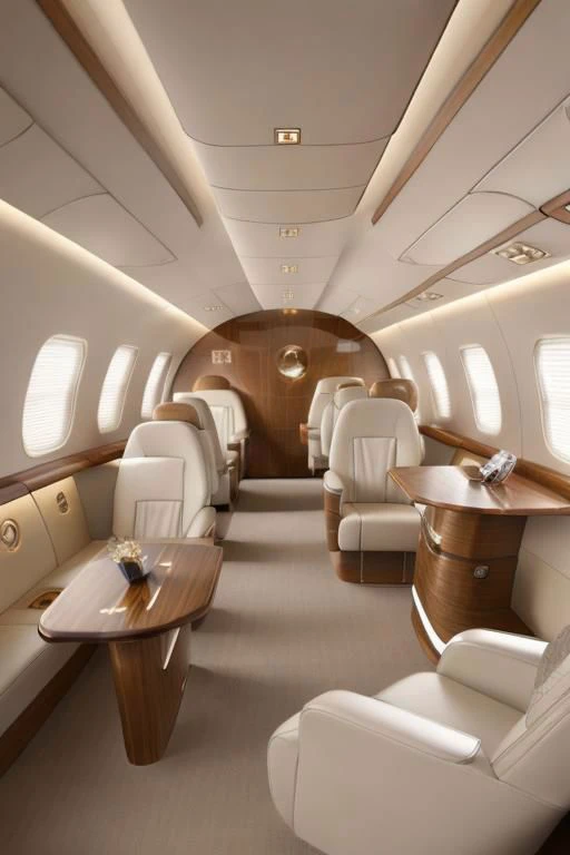 photo of a small luxury jet interior, rich interior, modern look, white leather, silver features, tv, oval illuminators with wood blinds, high quality, zaha hadid design