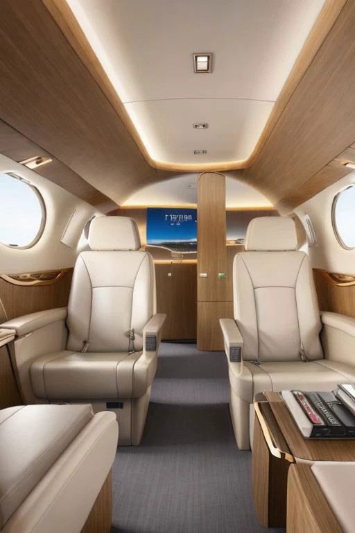 photo of a small luxury jet interior, rich interior, modern look, white leather, silver features, tv, oval illuminators with wood blinds, high quality