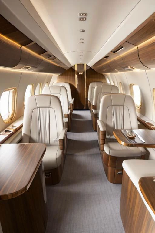 photo of a small luxury jet interior, rich interior, modern design, white leather, silver, oval illuminators, blue hidden light