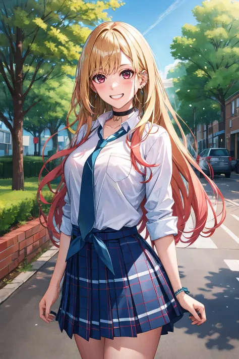 masterpiece, best quality, highres, kitagawa marin, 1girl, blonde hair, long hair, multicolored hair, red eyes, jewelry, earrings, piercing, school uniform, white shirt, tied shirt, black choker, blue necktie, plaid skirt, <lora:kitagawa_marin_v1-1:0.7>, grin, smile, standing, cowboy shot, outdoors,<lora:Misaki-Kurehito-Locon:1>