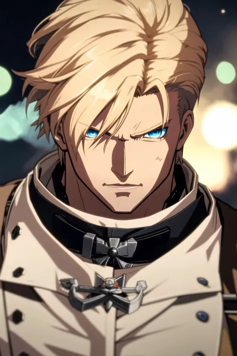 <lora:GuiltyS:0.8>, guiltys, angry, a battle man, blue eyes, blond hair, strong, upper body, (okeh, depth of field, by Akihiko Yoshida