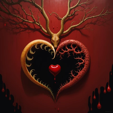 (masterpiece, best quality, highres :1.21), ((drama romance tragedy and lil bit of humor)), oil painting, (fractal art:1.3), (psychodelic art:1.3), ((red paint, red wax, red vine):1.2), ((ink splashing technique), (freehand brushwork), (blurred lines), (sparse composition), (subtle details), (subtle ink color variation), (flowing brushstrokes), (artistic interpretation):0.9), masterpiece quality, ultra detailed
BREAK
black and red tree bough, snake and (apple and human heart)
<lora:add_saturation:0.5>