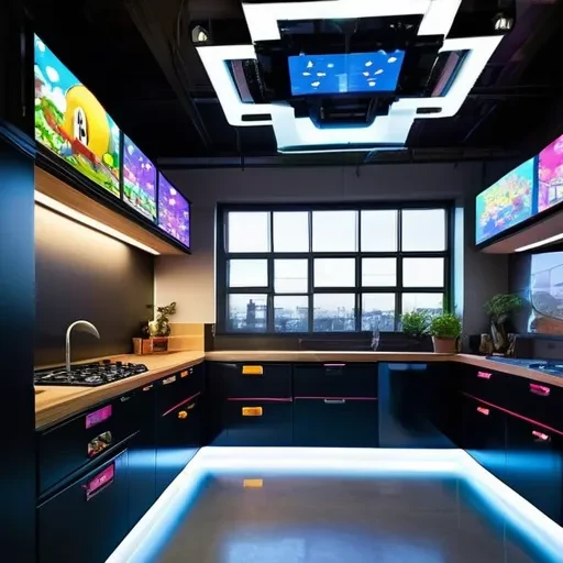 breathtaking In the cyberpunk world, a well lit kitchen, has been transformed into naturally lit, colorful vibrant and video game experience from a crossover of the Mario Brothers, Zelda, and Donkey Kong, the roof now has a fully transparent OLED Display showing intricate game information hanging from the ceiling , concept design, award winning, polycarbonate, pcb, wires, electronics, fully visible the mechanical components. The floor now projects transparent game items.<lora:add-detail-xl:1.9><lora:add_saturation:1.9> <lora:Brightcolor_last:0.9> . award-winning, professional, highly detailed
