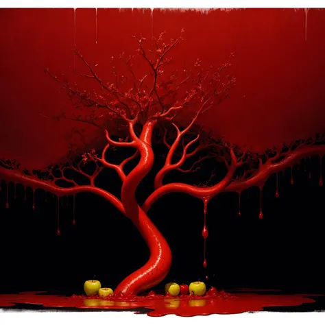 (masterpiece, best quality, highres :1.21), ((drama romance tragedy and lil bit of humor)), oil painting, (fractal art:1.3), (psychodelic art:1.3), ((red paint, red wax, red vine):1.2), ((ink splashing technique), (freehand brushwork), (blurred lines), (sparse composition), (subtle details), (subtle ink color variation), (flowing brushstrokes), (artistic interpretation):0.9), masterpiece quality, ultra detailed
BREAK
black and red tree bough, snake and (apple and human heart)
<lora:add_saturation:0.5>