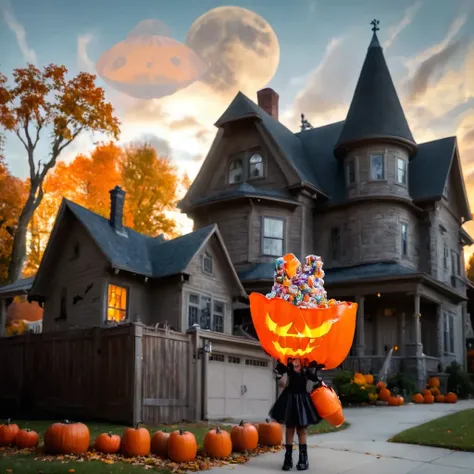 A young woman dressed for halloween, holding a huge bucket of candy standing in front of a house. In the back ground are houses decorated for halloween including huge lit carved pumpkins as well as buckets full of candy in front of there front door. An fantastic fall evening just before night. A full moon. BREAK. A alien spaceship flying past houses.<lora:add-detail-xl:0.8> <lora:add_saturation:0.8> <lora:wowifierXL:0.8>
