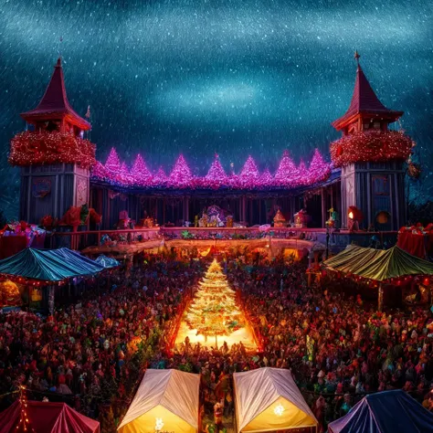 fantasy festival scene outside. Christmas festival scene insane coherence , high quality, insanely detailed, insanely intricate,<lora:add_detail:2.0> <lora:add_saturation:1.5> pixar render, disney style, octane render