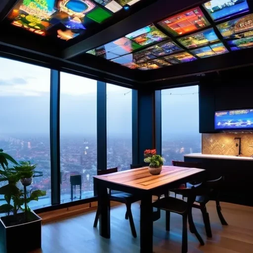 breathtaking In the cyberpunk world, a well lit kitchen, has been transformed into naturally lit, colorful vibrant and video game experience from a crossover of the Mario Brothers, Zelda, and Donkey Kong, the roof now has a fully transparent OLED Display showing intricate game information hanging from the ceiling , concept design, award winning, polycarbonate, pcb, wires, electronics, fully visible the mechanical components. The floor now projects transparent game items.<lora:add-detail-xl:1.9><lora:add_saturation:1.9> <lora:Brightcolor_last:0.9> . award-winning, professional, highly detailed