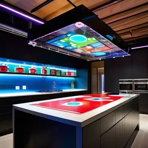 breathtaking In the cyberpunk world, a well lit kitchen, has been transformed into naturally lit, colorful vibrant and video game experience from a crossover of the Mario Brothers, Zelda, and Donkey Kong, the roof now has a fully transparent OLED Display showing intricate game information hanging from the ceiling , concept design, award winning, polycarbonate, pcb, wires, electronics, fully visible the mechanical components. The floor now projects transparent game items.<lora:add-detail-xl:1.9><lora:add_saturation:1.9> <lora:Brightcolor_last:0.9> . award-winning, professional, highly detailed