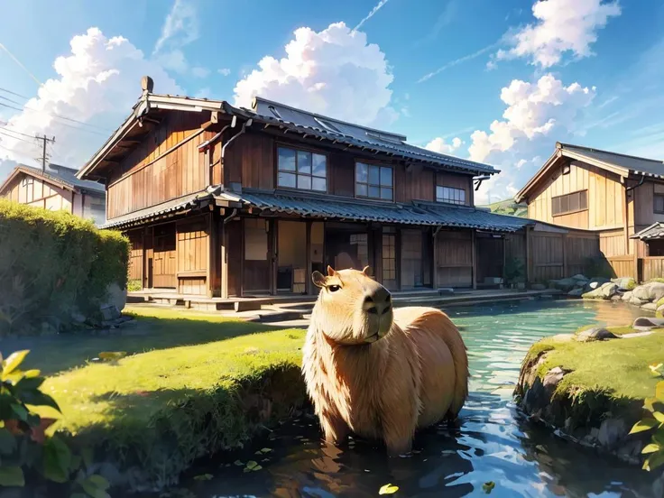 <lora:add_brightness:0.5><lora:add_detail:0.5> <lora:add_saturation:0.5><lora:capi-09:0.8>
 flat illustration,movie poster, 
(detailed capybara), capybara focus,
wind, cloudy sky,
 early summer, the sun through the clouds, plant, Onsen ,detailed ryokan,
day,