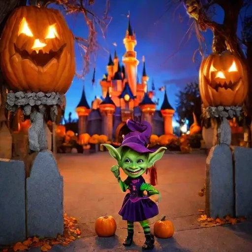 Young, female goblin, very happy, dorky, goblin, smiling(joy:0.6). In a halloween costume standing in front of carved pumpkins. In the background Disneyland, decorated for Halloween, the magical kingdom close by surrounded by tombstones, faeries in the sky, creepy sky, <lora:add-detail-xl:0.8> <lora:add_saturation:0.8> , vibrant, colorful.