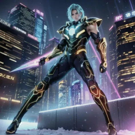 (masterpiece), (best quality),
cyberpunk, <lora:Cyberpunk:0.7>, neon lights, futuristic city, very detailed background,
<lora:Fra_AquariusArmor_V11:0.3>, AquariusArmor, shoulder_armor,
1male, solo, wearing golden AquariusArmor, golden armor,
medium blue hair, black eyes, angry, looking at viewer, detailed face, (full body), symmetric eyes, ((perfect hands)), ((perfect arms)), (perfect face), {{perfect anatomy}},
vibrant colors, dynamic pose, blurry background, vibrant color, bokeh, lens flare, (ice and snow),
<lora:UltraBlackholeTech:0.3>