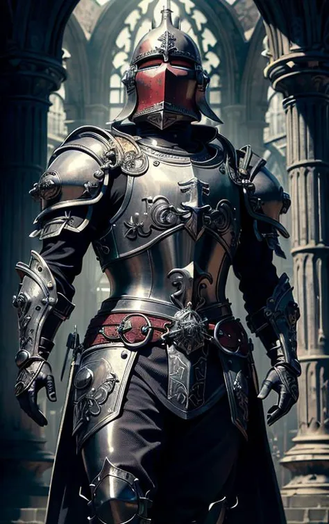 Realistic, Photorealistic, (masterpiece:1.5), concept art, intricate details, highly detailed, photorealistic, octane render, 8k, unreal engine, dynamic pose, best quality, highres, (hyperrealistic:1.1), ((perfect hands))), (extremely detailed background), ((dynamic background)),, 1man, knight, Gothic cathedral, torch lit, gothic armor, (((red painted armor))), ornate armor, gothic detailing, black detailing, detailed armor, crusader style helmet, cross shaped eyehole, closed visor, holding a longsword, facing the camera, full body  <lora:GothicHorrorAI:0.7>