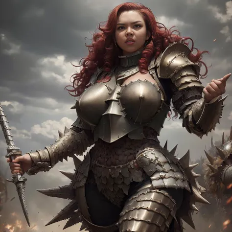 masterpiece of a fierce chubby woman in armor with red long curly hair, battle, best quality, high detail, detailed background, rtx, 4k, 8k, <lora:DragonScaleAIV3:1>,