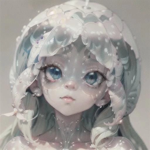 (descriptive, masterpiece, high resolution, portrait of a female humanoid jellyfish), general plan, blurred background, charming facial expression, white shape, bright transparent, (wide hips, translucent body, floating hair, wavy movement:1.3),(red eyes, piercing gaze), aquatic environment, soft light.