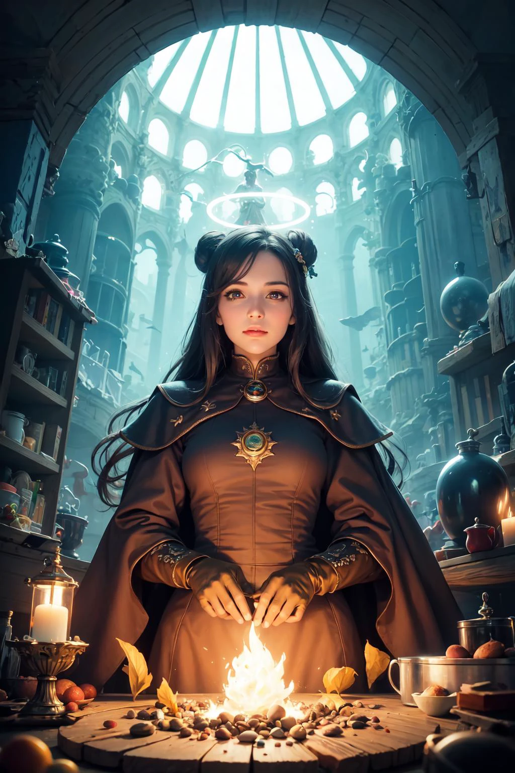 1 girl, adult woman, teal eyes, dark brown bun hair,
(Style-SwampMagic:0.4), portrait, looking down, solo, (full body:0.6), detailed background, (victorian theme:1.1) glowing eyes, gentle smile, gentle, serene, light fantasy, cleric, casting healing spell, sunshine, floating pebbles, arms raised, yellow clothes, gloves, magic incense, divine spell, mana, bright realistic lighting, fairytale village in background, halo above head,
<lora:grullborgCopycat_grullborgStyleR8V4:0.3>,