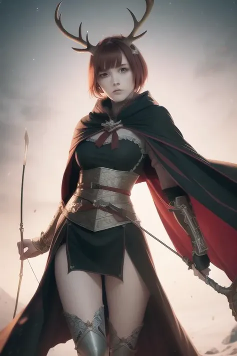 <lora:deerantlers-12:1> dearantlers, night, moon, petite, small breasts, (full body), cloak, armor, bow and arrow, proportional eyes, (realistic:1.5), extremely detailed, hyper detailed, soft lighting, detailed background, extreme detail background, sharp details, beautiful face, symmetrical eyes, short red hair, short hair, red hair, green eyes, woman, high quality,