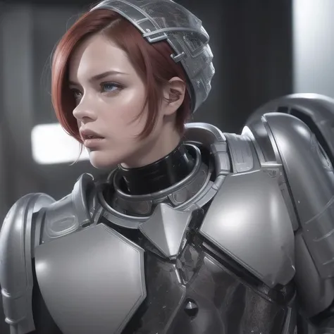 <lora:robocop19871987_v10:0.6> masterpiece, top quality, best quality, official art, (beautiful and aesthetic:1.3),extreme detailed,colorful,ice face, proportional eyes, (realistic:1.5), extremely detailed, hyper detailed, soft lighting, detailed background, extreme detail background, sharp details, beautiful face, symmetrical eyes, short red hair, short hair, red hair, green eyes, woman, high quality, (full body:1.3),