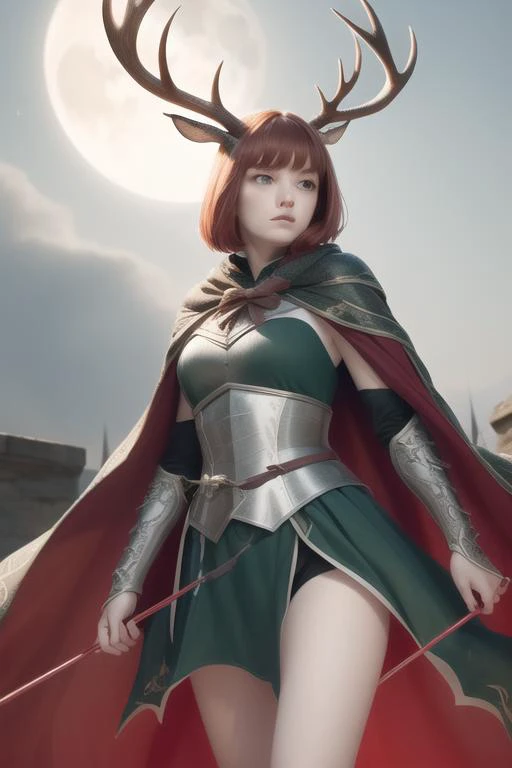 <lora:deerantlers-12:1> dearantlers, night, moon, petite, small breasts, (full body), cloak, armor, bow and arrow, proportional eyes, (realistic:1.5), extremely detailed, hyper detailed, soft lighting, detailed background, extreme detail background, sharp details, beautiful face, symmetrical eyes, short red hair, short hair, red hair, green eyes, woman, high quality,