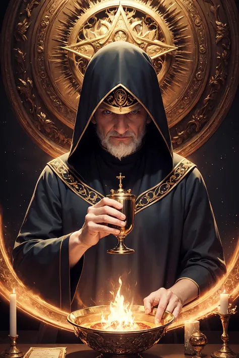 (1man, old irish male:1.2), black eyes, light brown hair, side part,
(style-swirlmagic:0.8), character focus, portrait, looking at viewer, solo, upper body, detailed background, detailed face, (sinister dark fantasy theme:1.1) holy religious leader, gentle expression, hooded, circlet, dynamic pose, casting spell, symmetrical composition, temple, altar, divine light, divine aura, religious icons, (candelabra:0.8), floating particles, sacred texts, swirling lights emanating, urn, chalice, gold,
nardack, <lora:LoconLoraNardack_v10:0.3>,