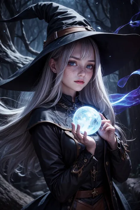 <lora:add_detail:1>
1 girl, adult (elven:0.7) woman, freckles, silver eyes, gray sleek hair,
portrait, looking down, solo, (full body:0.6), detailed background, light smile, witch hat, witch, magical atmosphere, hair flowing in the wind, blue trimmed dark colored clothes, colorful glowing magic weaves in the air, swirling portal, dark magic, (style-swirlmagic:0.8), floating particles, rustic forest hut background, backlighting,
<lora:epi_noiseoffset2:0.5>