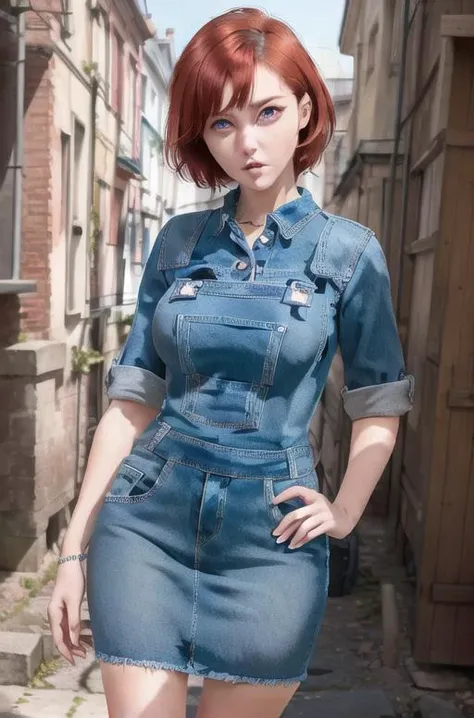 <lora:jeans_dress:0.7> wearing jeans dress, proportional eyes, (realistic:1.5), extremely detailed, hyper detailed, soft lighting, detailed background, extreme detail background, sharp details, beautiful face, symmetrical eyes, short red hair, short hair, red hair, green eyes, woman, high quality, (full body:1.3),