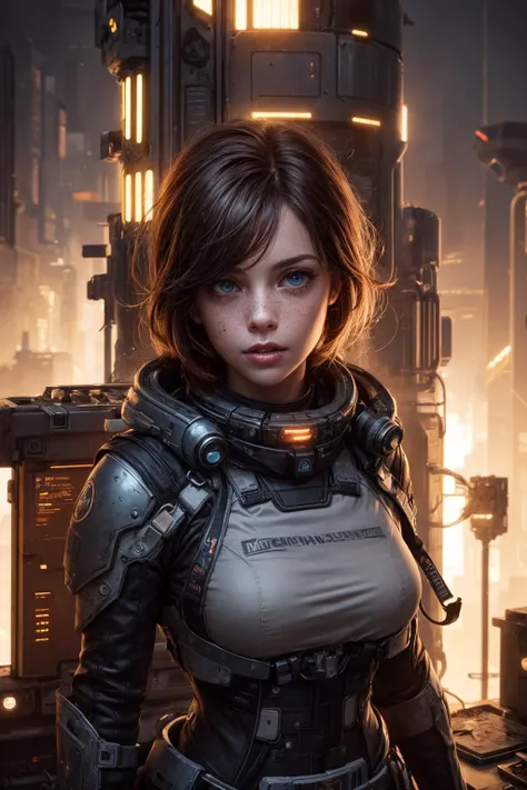 <lora:add_detail:1>
<lora:GoodHands-beta2:0.8>,
1 girl, adult  woman, freckles, yellow eyes, light brown medium hair,  
(style-rustmagic:0.8), solo, half shot, looking at viewer, detailed background, detailed face, (dystopian futuristic theme:1.1), space mechanic, specialist, methodical, sci-fi, toolbelt, purple clothes, engineering, , system diagnostics, plastic surfaces, , crackling electricity, console in background, LED lights, epic atmosphere,