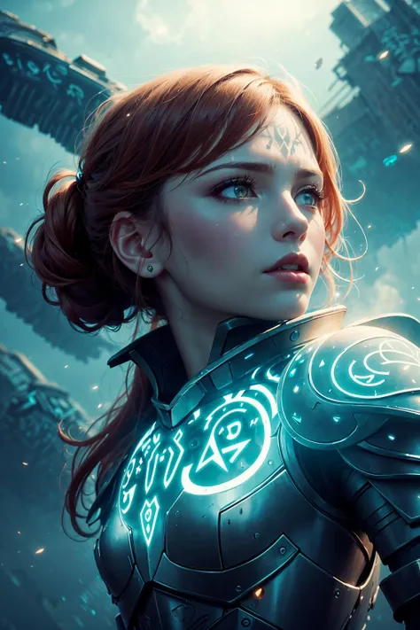 1 girl, adult woman, coral eyes, ginger dutch braid,
solo, (full body:0.6), looking up, detailed background, detailed face, (<lora:style_GlowingRunesAI:0.8>, glowingrunesai, glowing runes theme:1.1), glass-cyborg, (made of glass:1.1), translucent, fighter, crystal armor, clean glass, power source, magical symbols, mystic power, floating particles, steam, reflections, battlefield in background, cinematic atmosphere,