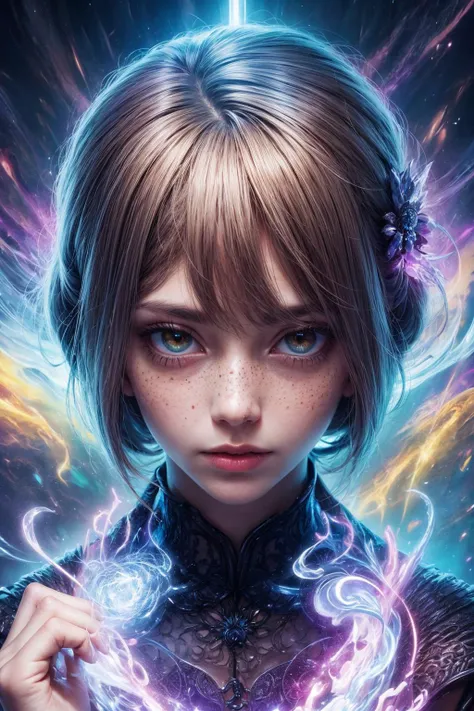 <lora:add_detail:1>
1 girl, adult woman, freckles, amber eyes, dark brown bun hair,
solo, half shot, looking down, detailed background, detailed face, (high fantasy medieval theme:1.1) (glowing eyes:1.1), psychic, psychic powers, trance, dynamic pose, levitation, hypnosis, psychomancy, psychokinesis, precognition, clairvoyance, thought projection, purple psychic energy emanating, (style-swirlmagic:0.8), ethereal atmosphere,