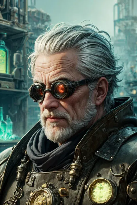 <lora:add_detail:1>
(1man, wrinkled face, old swedish male:1.2), grey-blue eyes, white hair, short mustache,
portrait, looking at viewer, solo, (full body:0.6), detailed background, detailed face, (<lora:UraniumTech:0.6>, uraniumtech theme :1.1), medieval alchemist, goggles, workshop in background, vials, spark, philosophers stone, blueprint, alchemical fomula, forbidden science, magical fantasy atmosphere, occult hermeticism, shadows,