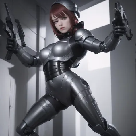 <lora:robocop19871987_v10:0.6> masterpiece, top quality, best quality, official art, (beautiful and aesthetic:1.3),extreme detailed,colorful,ice hat, half body,robot,control out,gun fire, proportional eyes, (realistic:1.5), extremely detailed, hyper detailed, soft lighting, detailed background, extreme detail background, sharp details, beautiful face, symmetrical eyes, short red hair, short hair, red hair, green eyes, woman, high quality, (full body:1.3),