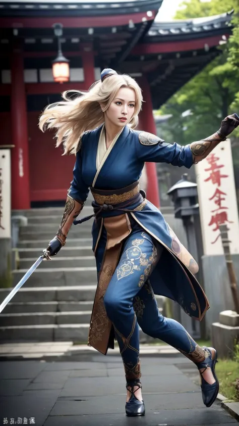 mature woman, (skindentation:1.5), Realistic, Photorealistic, (masterpiece:1.5), concept art, intricate details, highly detailed, photorealistic, octane render, 8k, unreal engine, dynamic pose, best quality, highres, (realistic face:1.1), (hyperrealistic:1.1), best quality, fantasy ninja warrior, ninja ropes, pants, (long white hair:1), perfect eyes, (((hairstyle))), (((perfect hands))), (extremely detailed background), ((dynamic background)), full body, detailed background, detailed face, dynamic pose, epic atmosphere, floating particles, wind blow, dark blue skies, japanese temple, sharp focus, dynamic battle pose, face focus, ((long sword on right hand)), m1chelley3oh, AS-Adult, Style-Japan, style-rustmagic