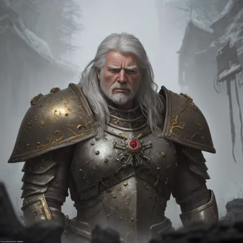 (Painting: 1.2), (an old and gray-haired man, warrior), standing at the grave, (head down, crying:1.3), sad look, intricate details, anatomically realistic digital painting portrait, heavy rain, black and gold complex (wet heavy armor: 1.2) in (dark and moody universe: 1.3), light particles, samurai, (elden ring style: 1.2), (warhammer style: 1.1), wet hair, global illumination, depth of field, (8K award-winning art, realistic, hyperdetailed:1.3), greg rutkowski, viktoria gavrilenko