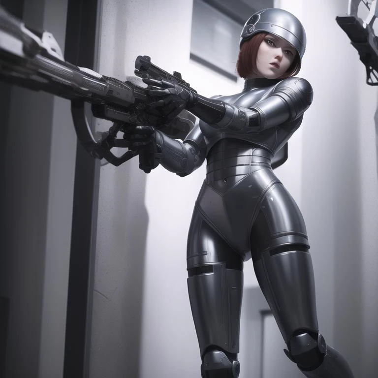 <lora:robocop19871987_v10:0.6> masterpiece, top quality, best quality, official art, (beautiful and aesthetic:1.3),extreme detailed,colorful,ice hat, half body,robot,control out,gun fire, proportional eyes, (realistic:1.5), extremely detailed, hyper detailed, soft lighting, detailed background, extreme detail background, sharp details, beautiful face, symmetrical eyes, short red hair, short hair, red hair, green eyes, woman, high quality, (full body:1.3),