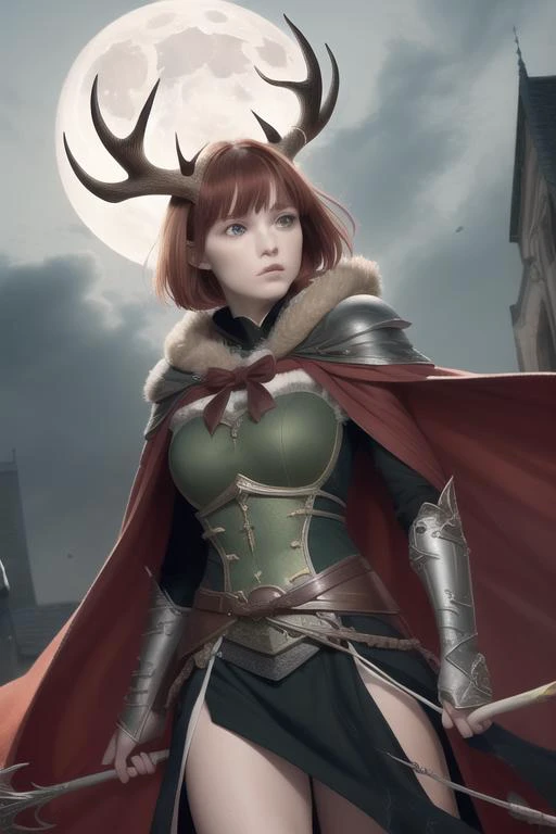 <lora:deerantlers-12:1> dearantlers, night, moon, petite, small breasts, (full body), cloak, armor, bow and arrow, proportional eyes, (realistic:1.5), extremely detailed, hyper detailed, soft lighting, detailed background, extreme detail background, sharp details, beautiful face, symmetrical eyes, short red hair, short hair, red hair, green eyes, woman, high quality,
