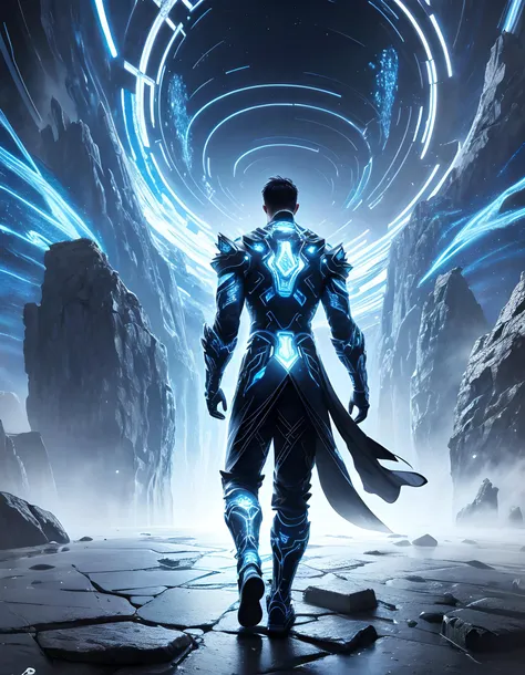 small man standing in front rock ruins, patterns, flame sword, ((futuristic cyber armor)), blue arcane spell, fractal geometry, swirling patterns,
(masterpiece, top quality, best quality, official art:1.2), sci-fi,, from back, energy, mana, highest detailed, cinematic light, (white particles), surreal