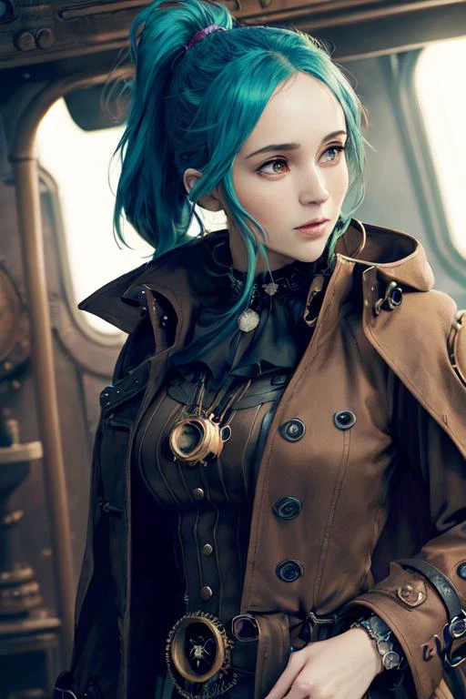 an anime-style illustration of a thin attractive green haired pirate queen with a (tffthairv07nike:1.25) (ponytail) wearing a (thick intricately detailed steampunk (full length pirate trenchcoat):1.2) (in captains quarters:1.3), masterpiece, best quality, choker, intricately detailed, ultra high resolution <lora:epiNoiseoffset_v2:1.1>, (side medium closeup:1.4), pants, highly detailed face, shining blue eyes
