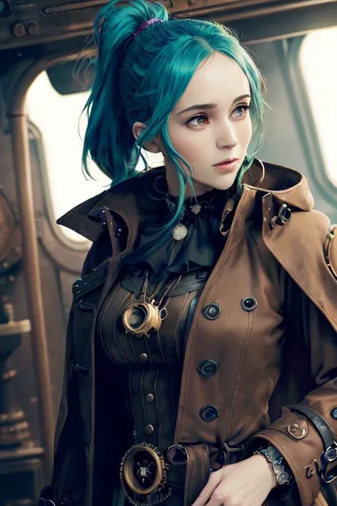 an anime-style illustration of a thin attractive green haired pirate queen with a (tffthairv07nike:1.25) (ponytail) wearing a (thick intricately detailed steampunk (full length  pirate trenchcoat):1.2) (in captains quarters:1.3), masterpiece, best quality, choker, intricately detailed, ultra high resolution <lora:epiNoiseoffset_v2:1.1>, (side medium closeup:1.4), pants, highly detailed face, shining blue eyes